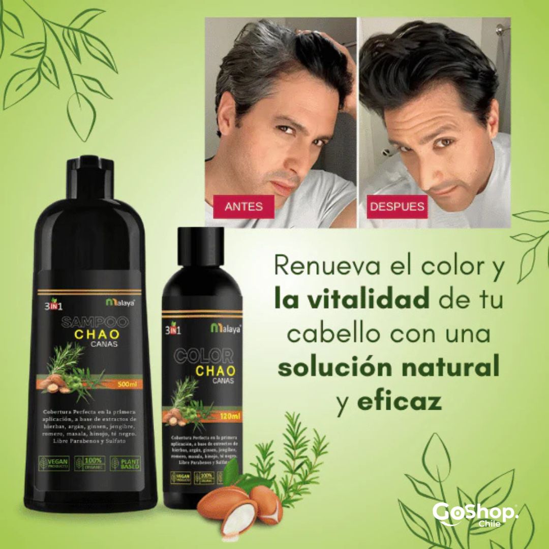 Chao Canas® 2x1 Shampoo AntiCanas que recupera tu color natural en solo minutos